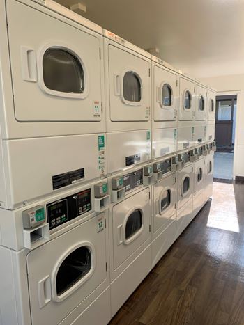 A row of washing machines are lined up in a room.